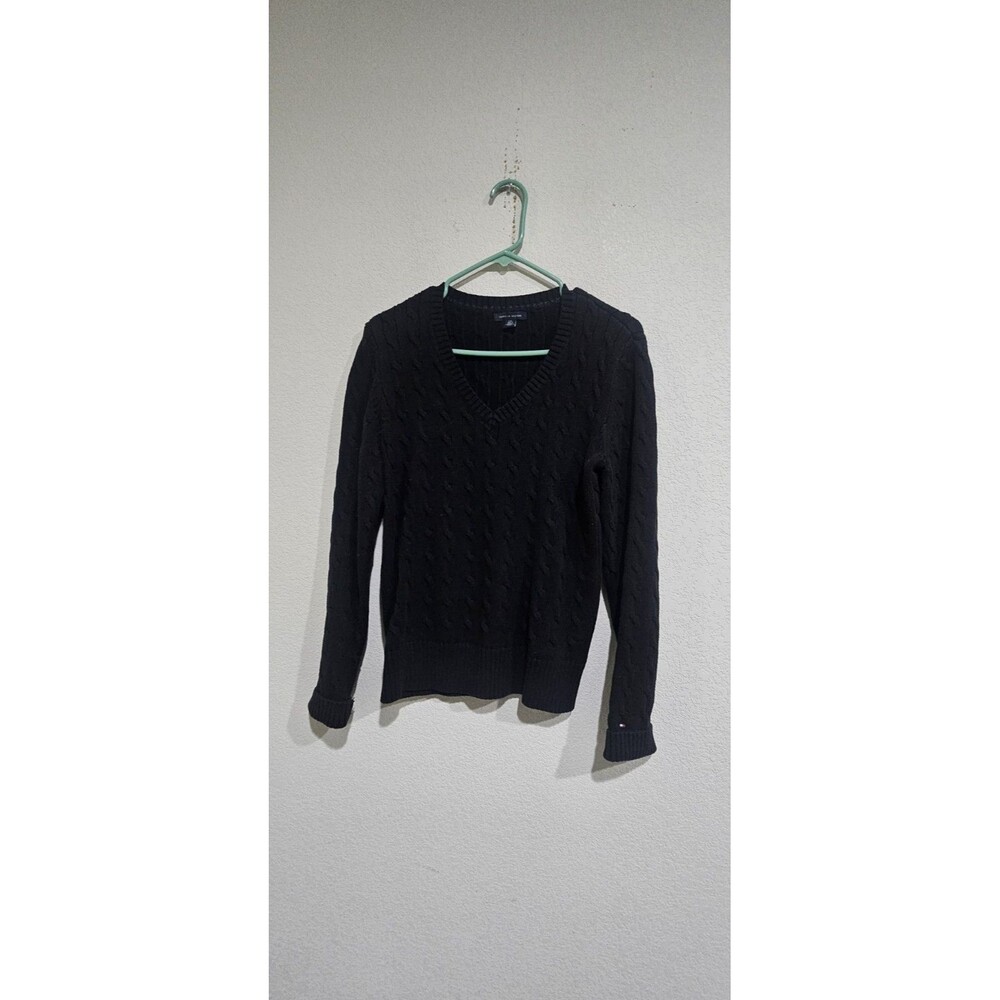 Tommy Hilfiger Sweater Womens L Black Cable Knit Long Sleeve V-Neck Sweater
